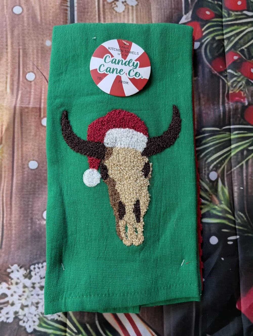 Candy Cane Co. Cow Christmas Kitchen Towels Set of 2 Green & Red Holiday Decor